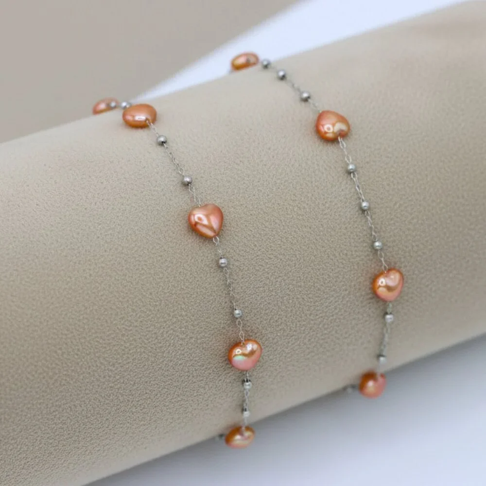 💖PEACH ORANGE HEART PEARL Minimalist Jewelry Set - Bracelet & Anklet, RC102